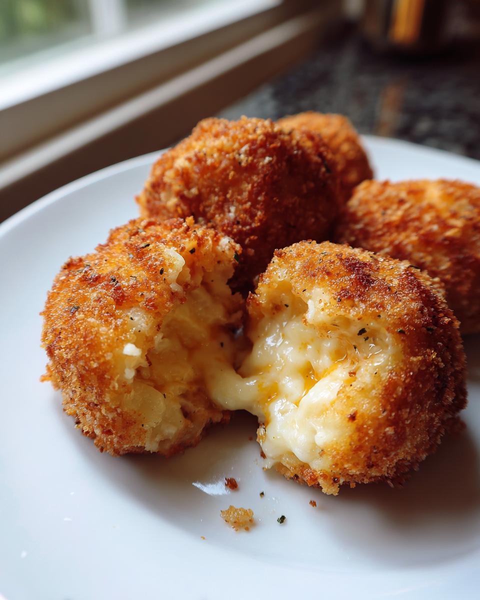 Close-up of cheesy potato croquettes, one broken open showing melted cheese oozing out.