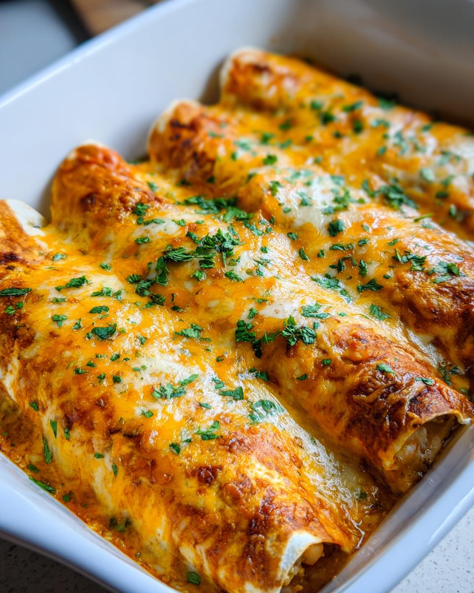 Close-up of baked shrimp enchiladas covered in melted orange and white cheese and sprinkled with fresh parsley.