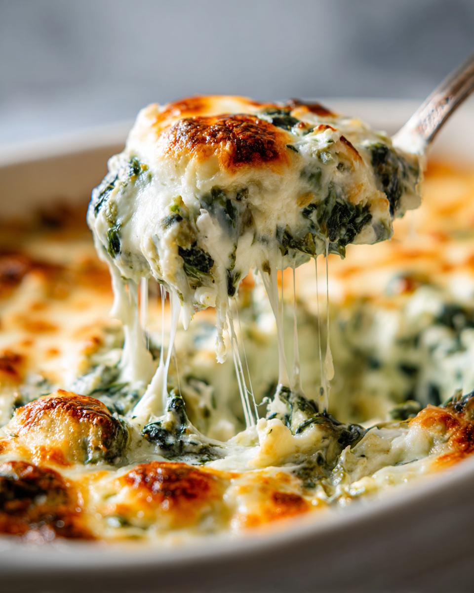 A spoonful of hot, cheesy spinach artichoke dip showing long cheese pulls from the baking dish.