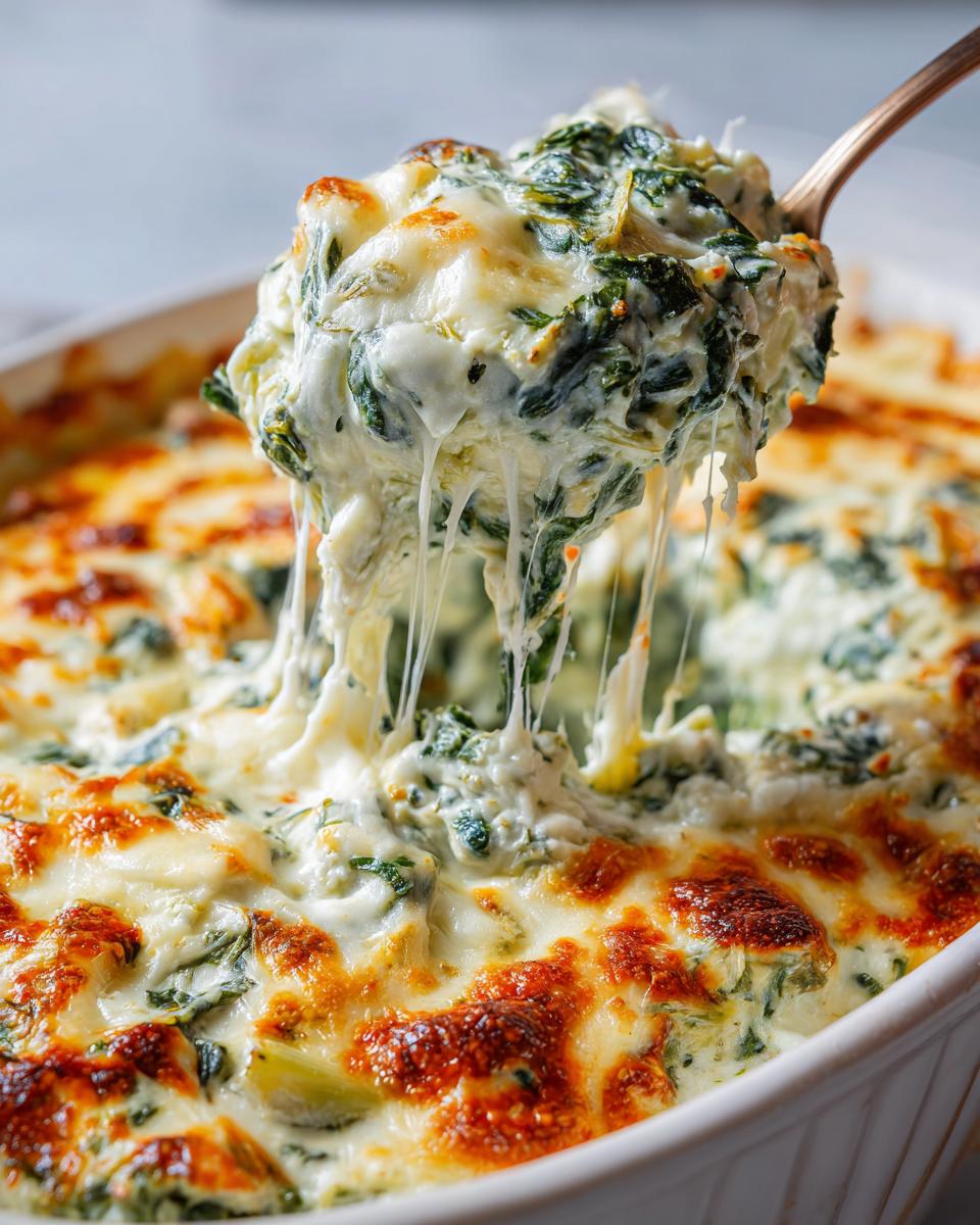 A spoonful of hot, cheesy spinach artichoke dip showing long cheese pulls from the baking dish.