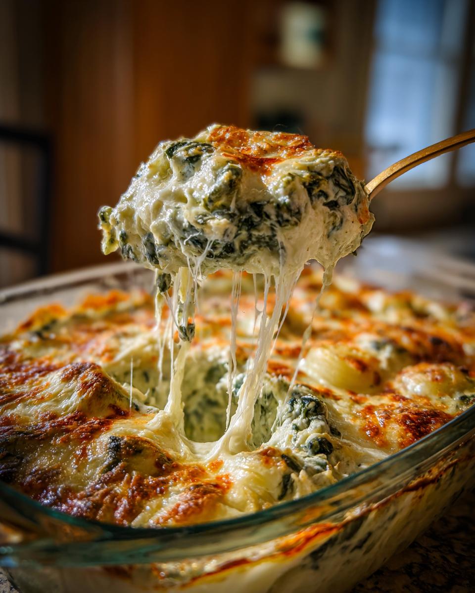 A spoonful of hot, cheesy spinach artichoke dip being lifted from a glass baking dish, showing long cheese pulls.