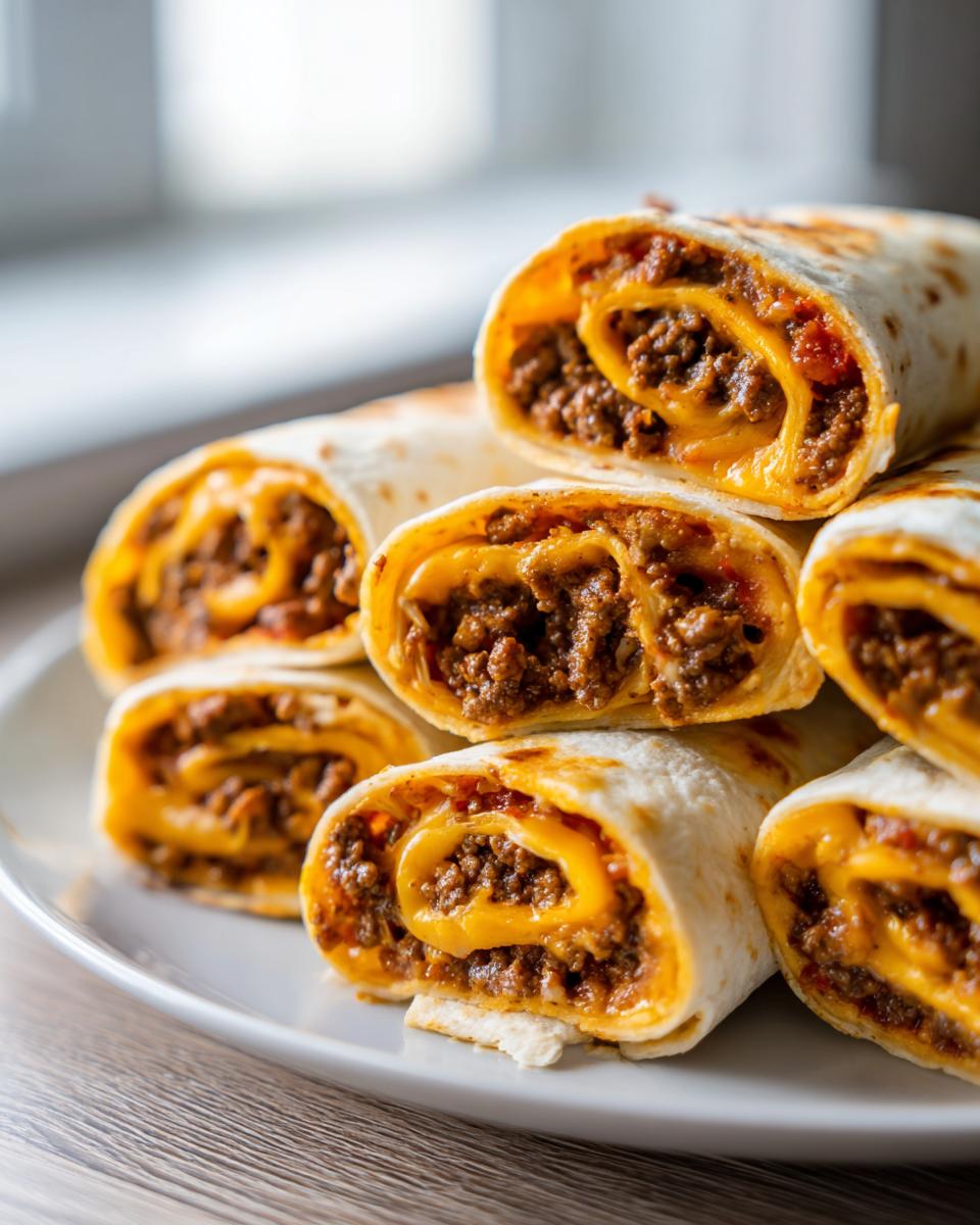 A stack of delicious taco pinwheels filled with seasoned ground beef and melted cheddar cheese, served on a white plate.
