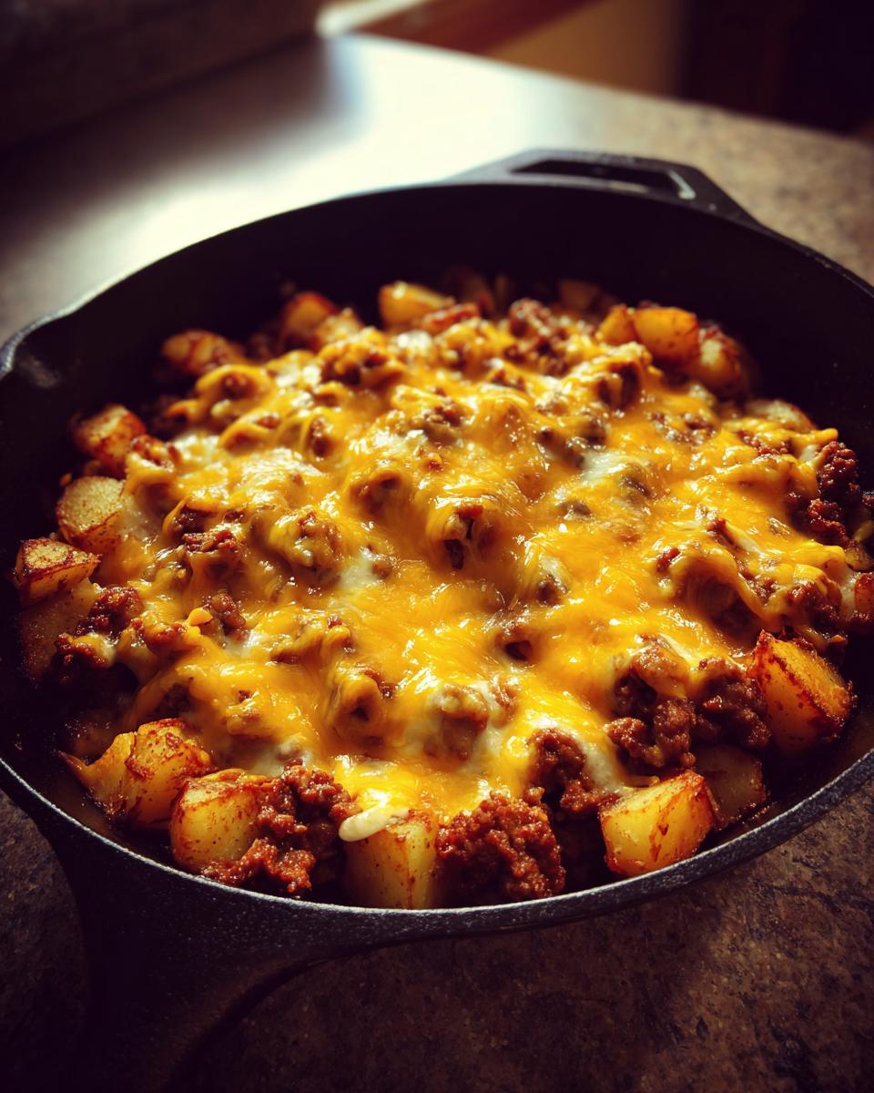 Close-up of Cheesy Taco Potatoes topped with melted cheddar cheese and seasoned ground meat in a cast iron skillet.
