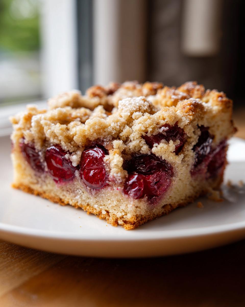 A close-up of a square slice of crumbly cake filled with bright red cherries, similar to a plum cake, dusted with powdered sugar.