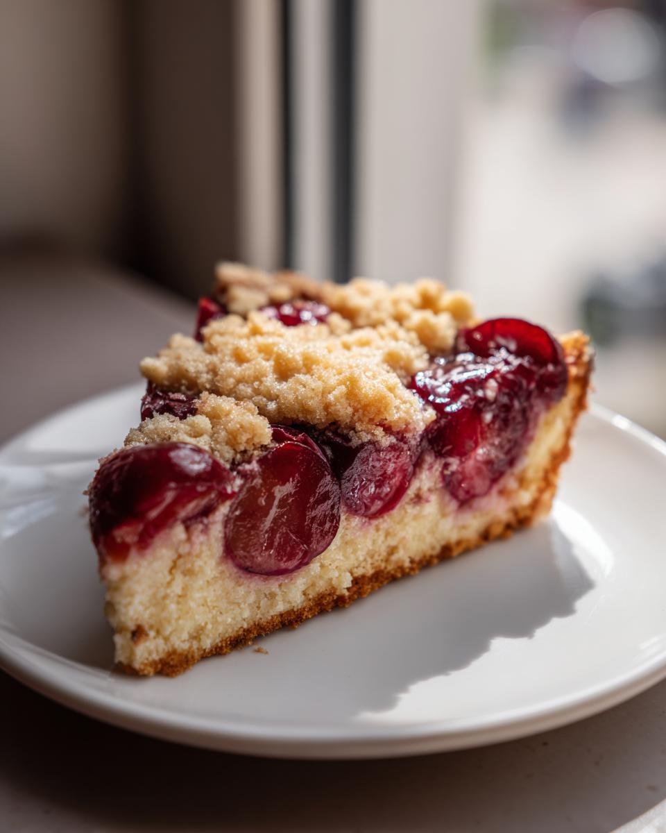 A close-up of a moist slice of fruit cake, resembling a plum cake, topped with dark red cherries and a streusel crumble.