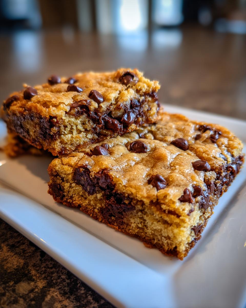 Two thick, chewy slices of chocolate chip cake mix cookie bars stacked on a white plate.