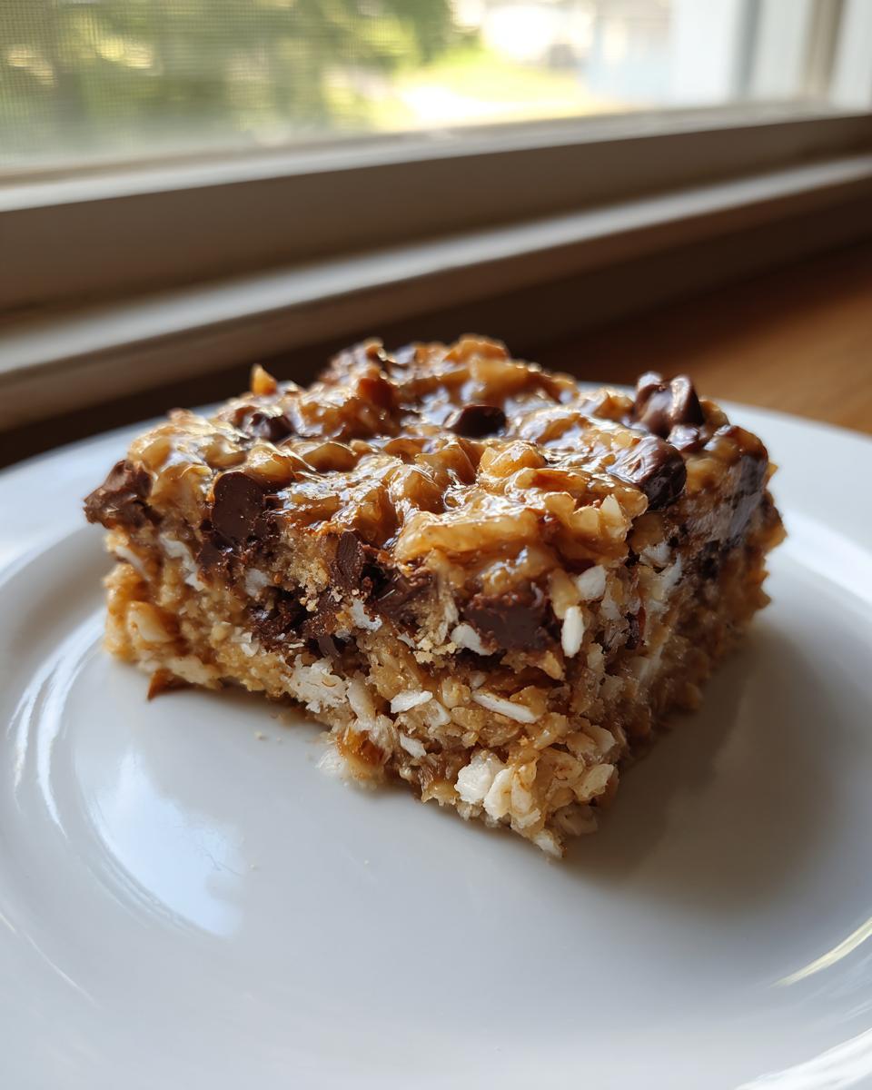 A single, thick square of rich magic cookie bars featuring coconut, chocolate chips, and a gooey topping, served on a white plate.