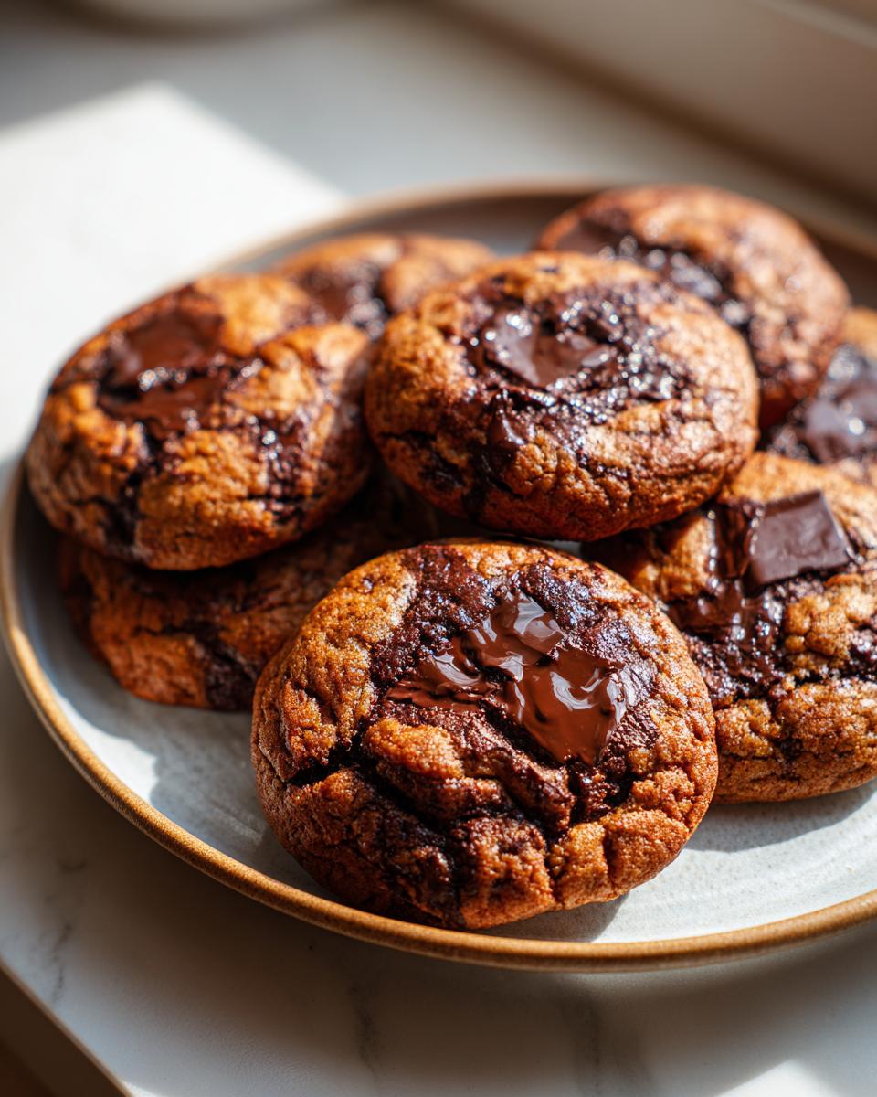 A plate piled high with freshly baked, chewy sourdough chocolate chip cookies featuring melted chocolate pools.