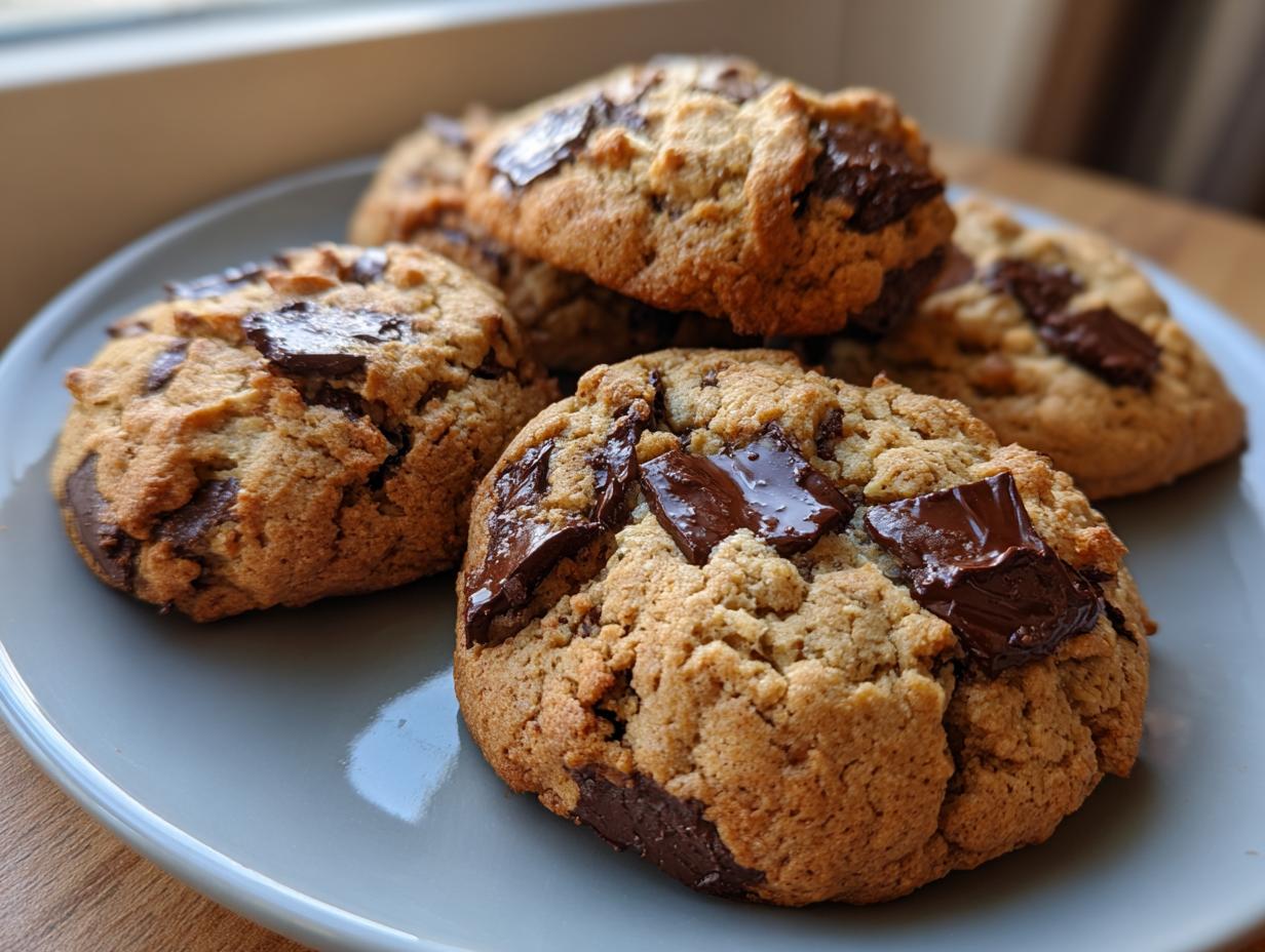 Close-up of several chewy sourdough chocolate chip cookies piled on a light gray plate.