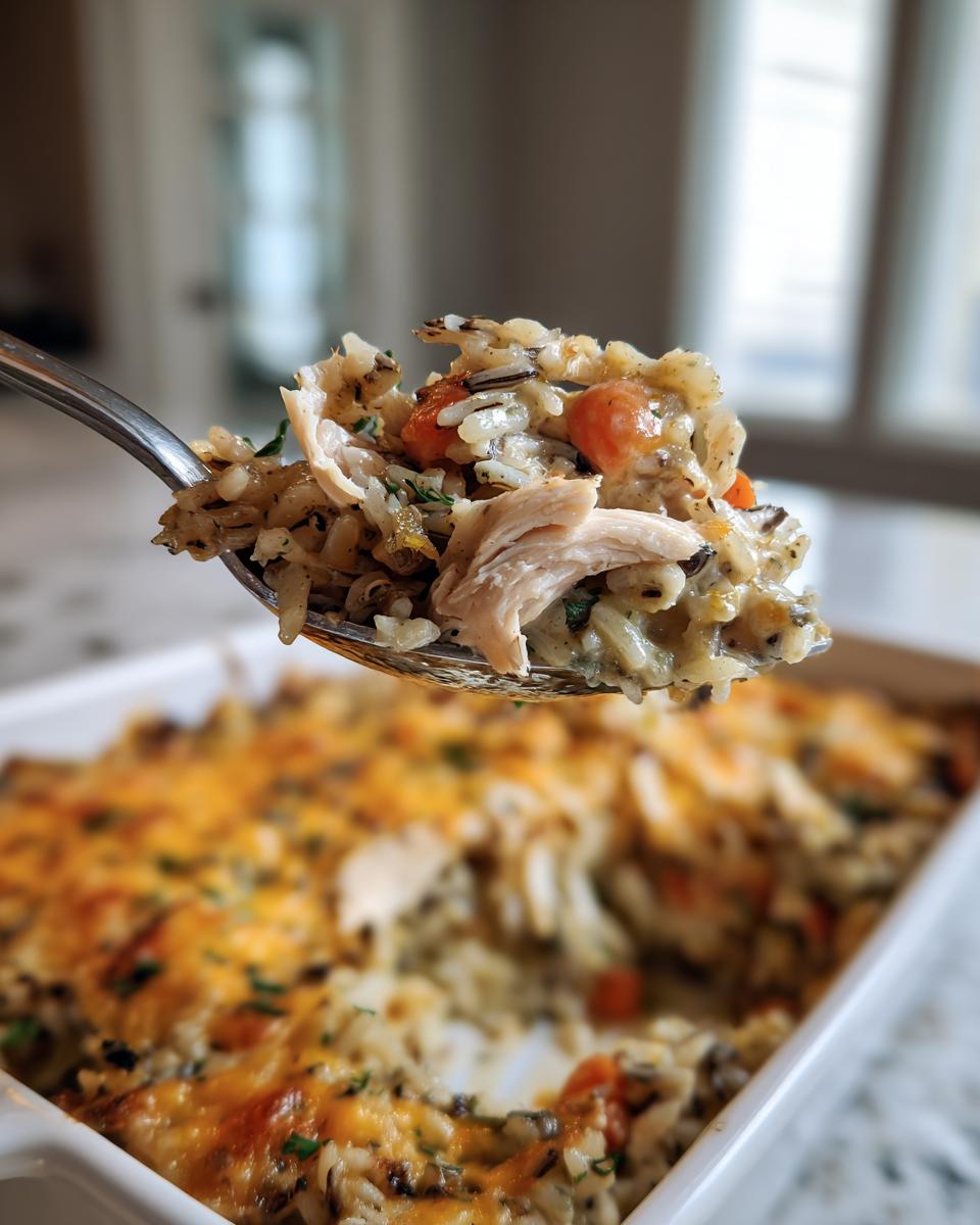 A spoonful of creamy chicken and wild rice casserole with shredded chicken and carrots, lifted above the baking dish.