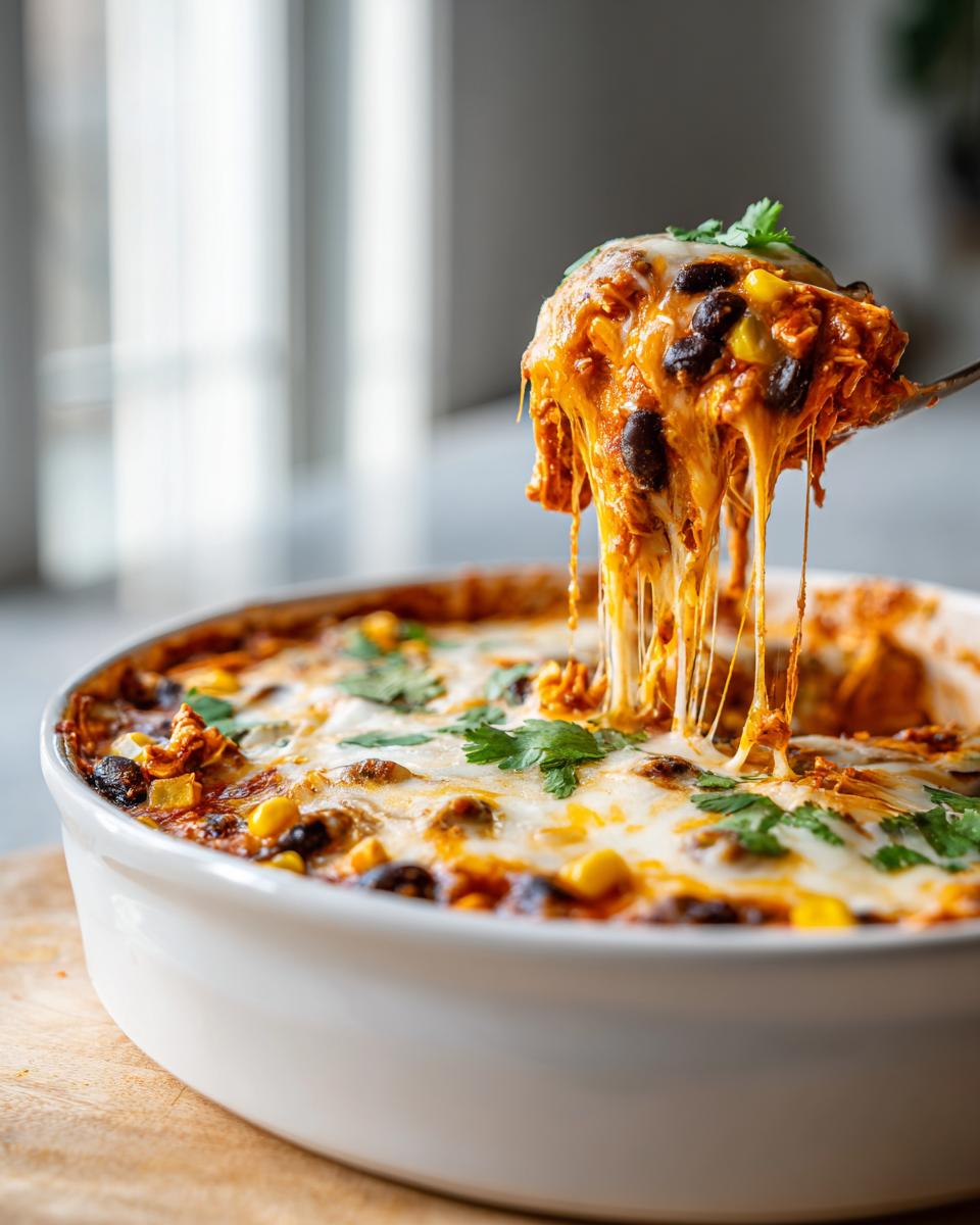 A spoonful of hot chicken enchilada dip showing a dramatic cheese pull, topped with black beans and cilantro.
