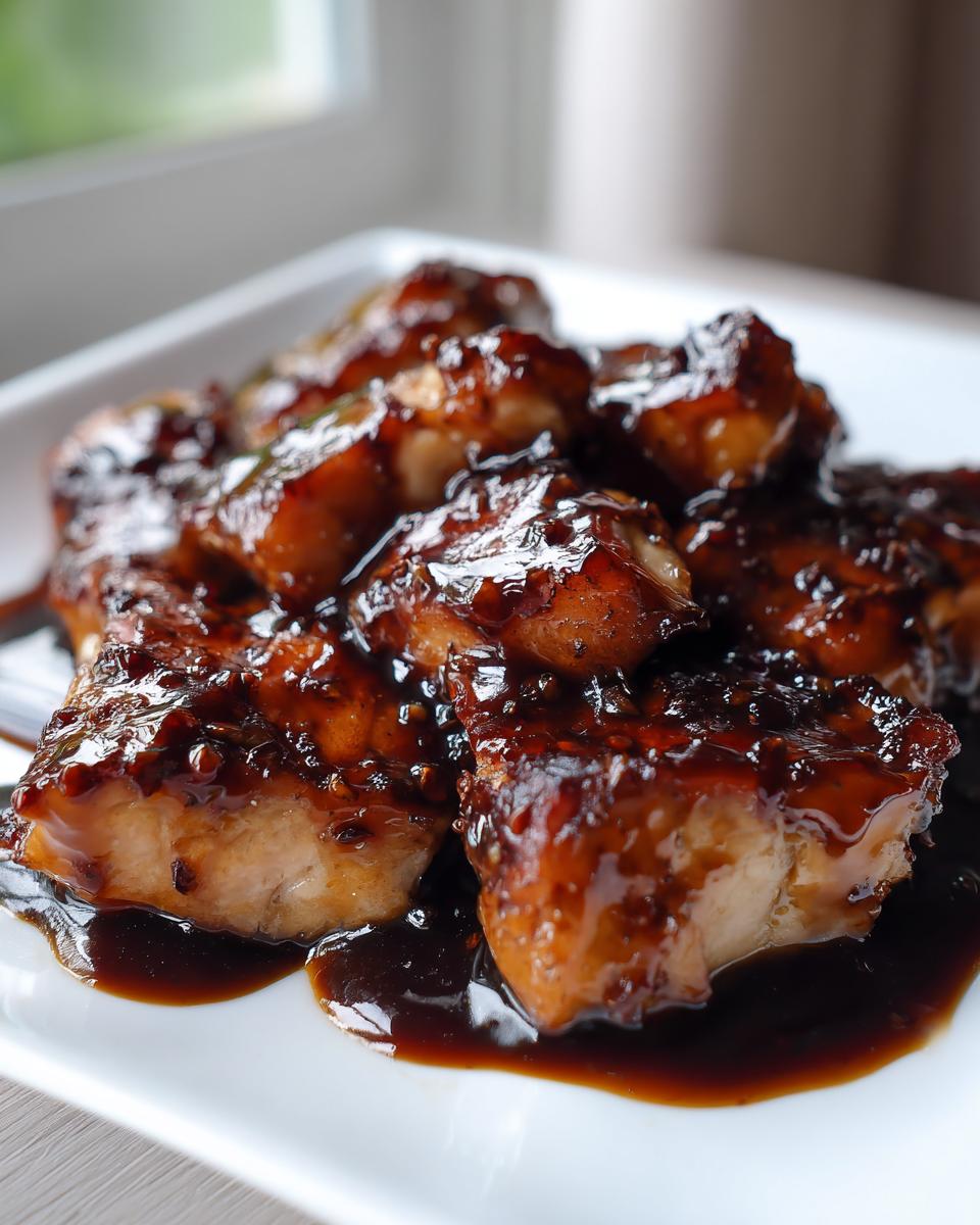Close-up of glazed chicken pieces coated in thick, glossy homemade teriyaki sauce on a white plate.