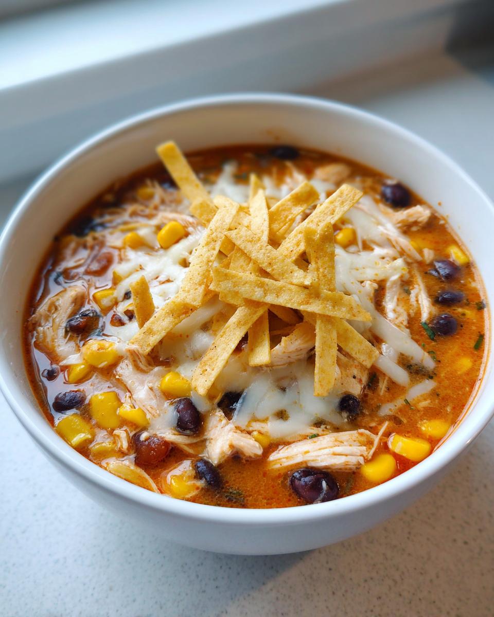 Close-up of a bowl of vibrant chicken tortilla soup topped with shredded cheese, corn, black beans, and crispy tortilla strips.