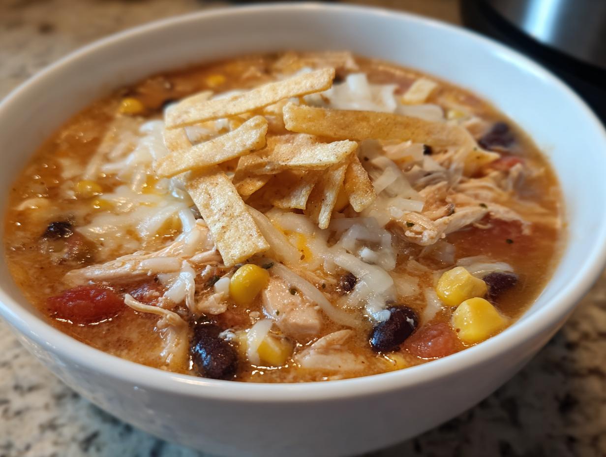 Close-up of a white bowl filled with rich chicken tortilla soup, topped with shredded cheese, corn, beans, and crispy tortilla strips.