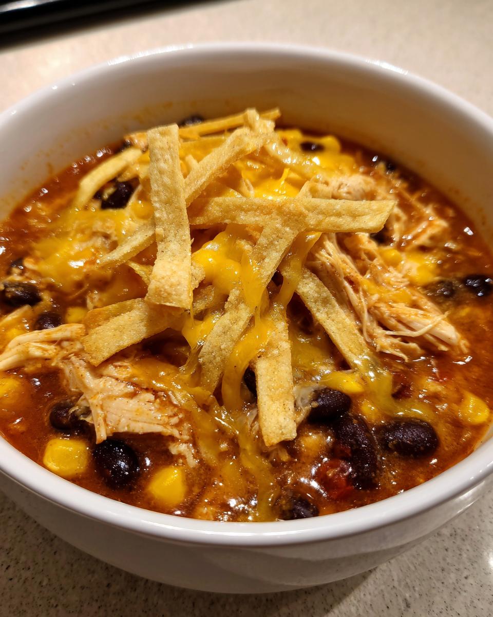 Close-up of a bowl of rich chicken tortilla soup topped with shredded chicken, melted cheese, black beans, and crispy tortilla strips.