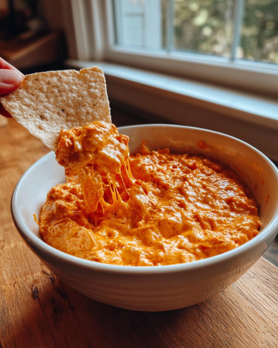 A hand dipping a tortilla chip into a bowl of hot, cheesy chili cheese dip, showing a long cheese pull.