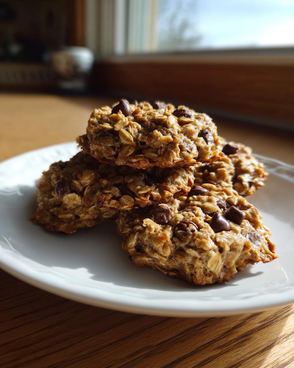 A stack of three hearty, oatmeal chocolate chip breakfast cookie resting on a white plate near a window.