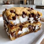 Close-up of a thick slice of chocolate chip cookie cake recipe layered with creamy white frosting.