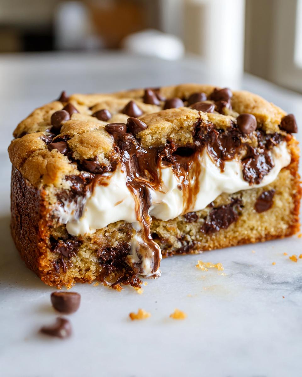 A decadent slice of chocolate chip cookie cake recipe filled with white cream and drizzled with melted chocolate.