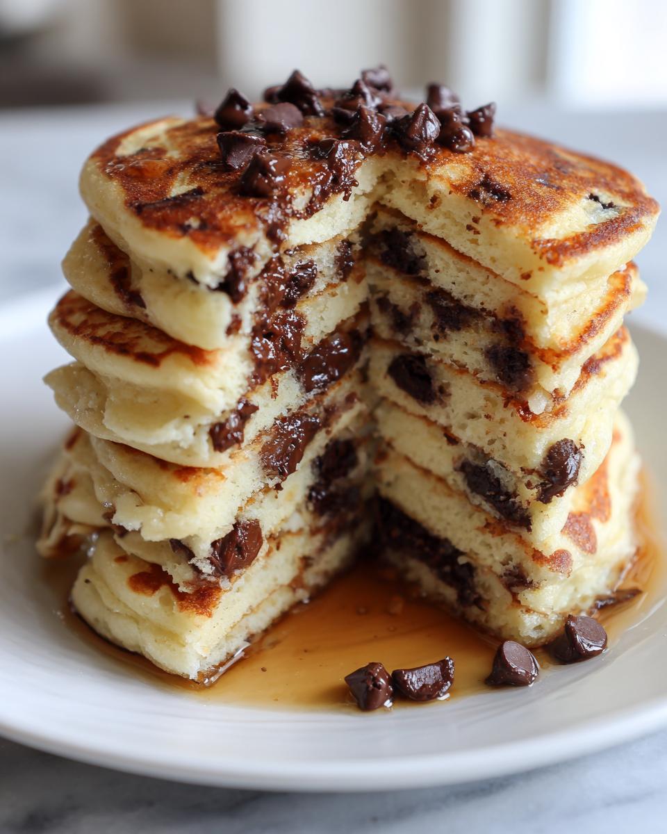 A tall stack of fluffy chocolate chip pancakes cut open to show melted chocolate chips inside, drizzled with syrup.