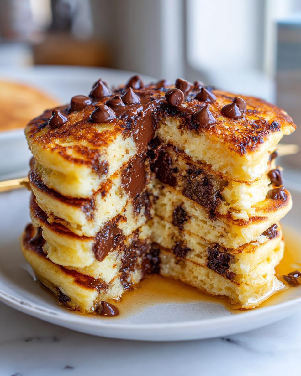 A tall stack of fluffy chocolate chip pancakes cut open to show melted chocolate inside, topped with chocolate chips and syrup.