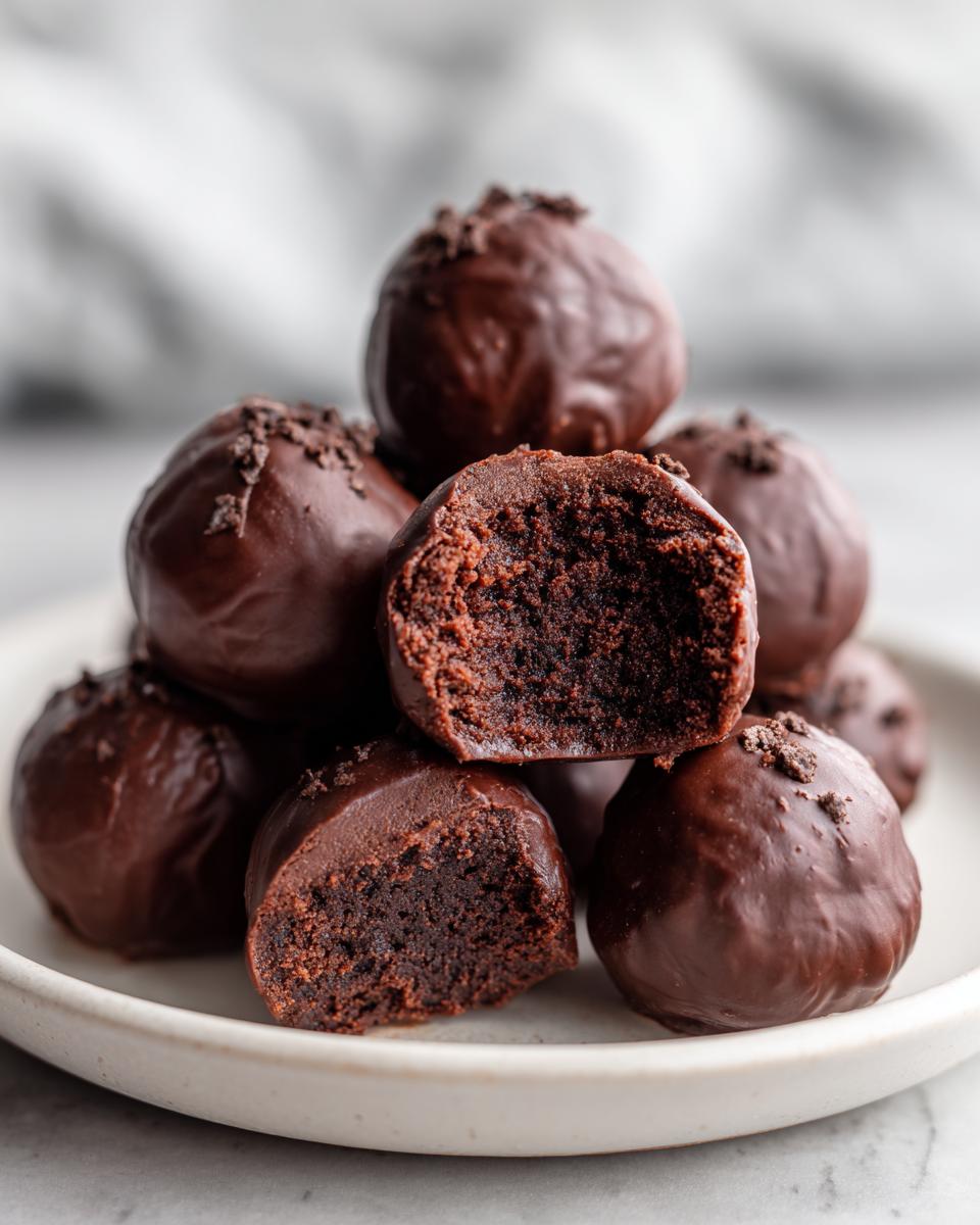 A stack of rich, chocolate-coated Oreo balls, one cut in half showing the dense, dark interior.