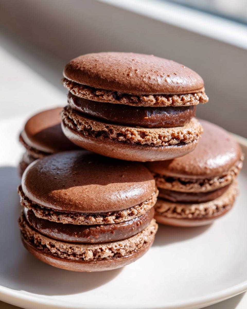 A close-up stack of rich, dark brown chocolate macarons with creamy filling, beautifully lit by natural light.