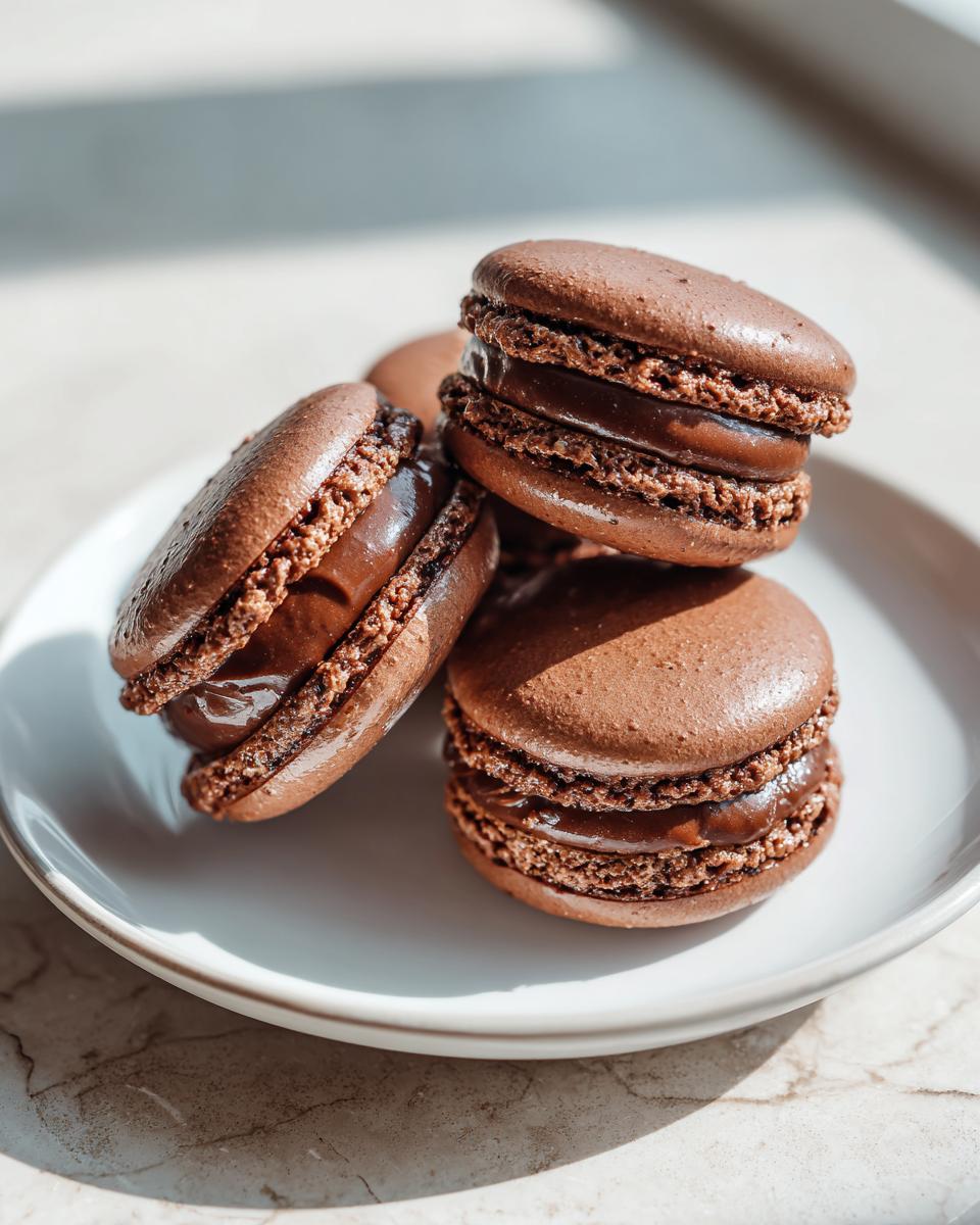 Close-up of three rich, dark chocolate macarons stacked on a white plate, showing creamy filling.