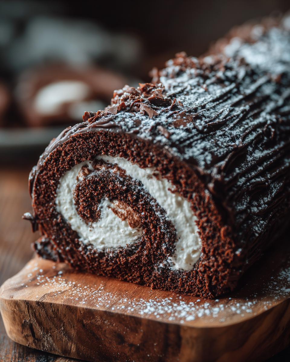A close-up cross-section of a rich chocolate yule log cake showing the swirl of white cream filling.