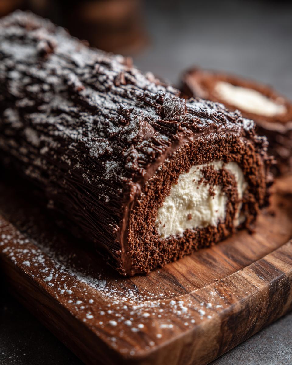 A close-up of a rich chocolate yule log cake dusted with powdered sugar, showing a swirl of white cream filling inside.