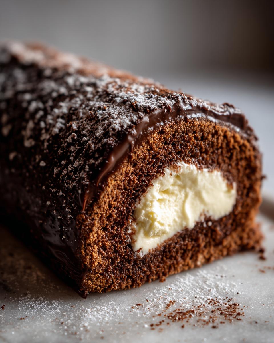 A cross-section view of a rich chocolate yule log cake showing the swirl of dark sponge and creamy white filling, dusted with powdered sugar.