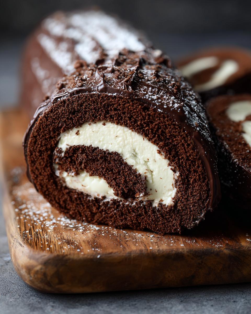 Cross-section of a rich chocolate yule log cake showing the dark sponge rolled with white cream filling, dusted with powdered sugar.