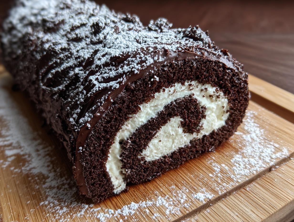 Close-up of a chocolate yule log cake slice showing dark sponge, white cream swirl, and powdered sugar dusting.