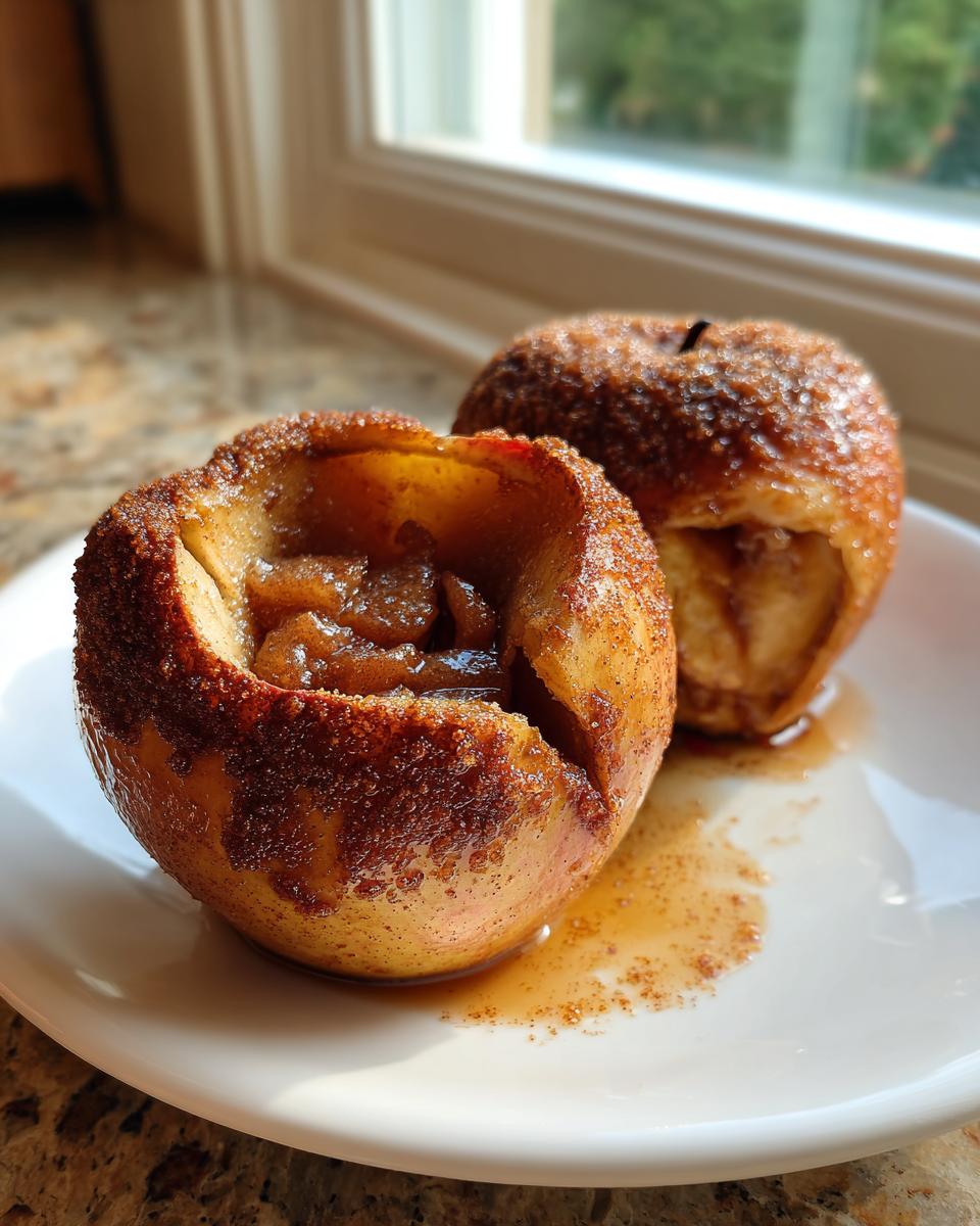 Two perfectly cooked baked apple halves, cored and filled with spiced filling, sitting on a white plate.