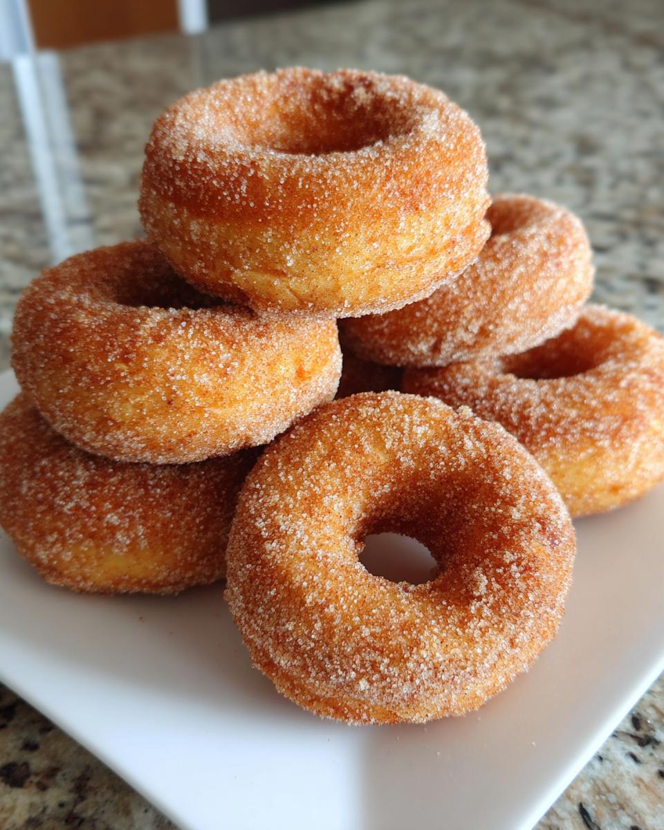 A stack of freshly made baked pumpkin donuts coated heavily in cinnamon sugar, resting on a white plate.