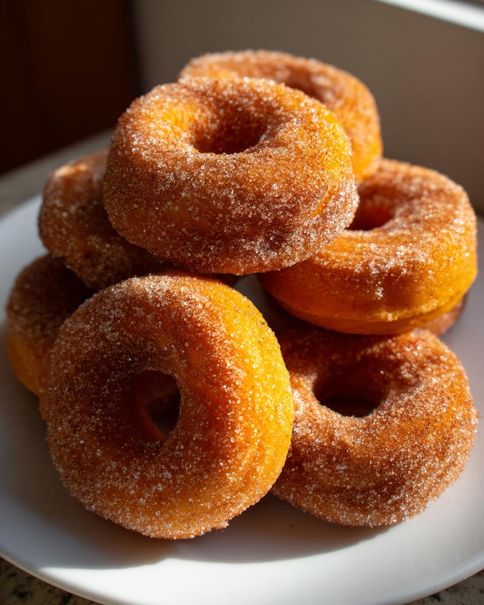 A close-up stack of freshly baked pumpkin donuts coated in cinnamon sugar.