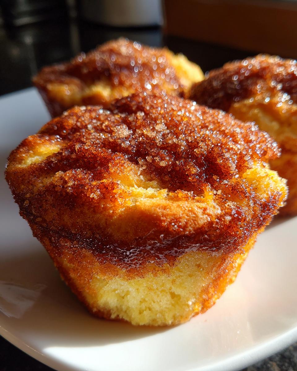 Close-up of golden french toast muffins topped with sparkling cinnamon sugar mixture.
