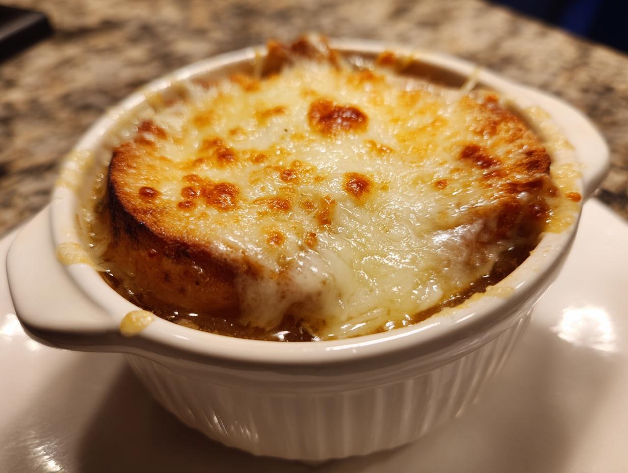 A close-up of a classic french onion soup served in a white crock, topped with a thick layer of browned, melted Gruyère cheese.
