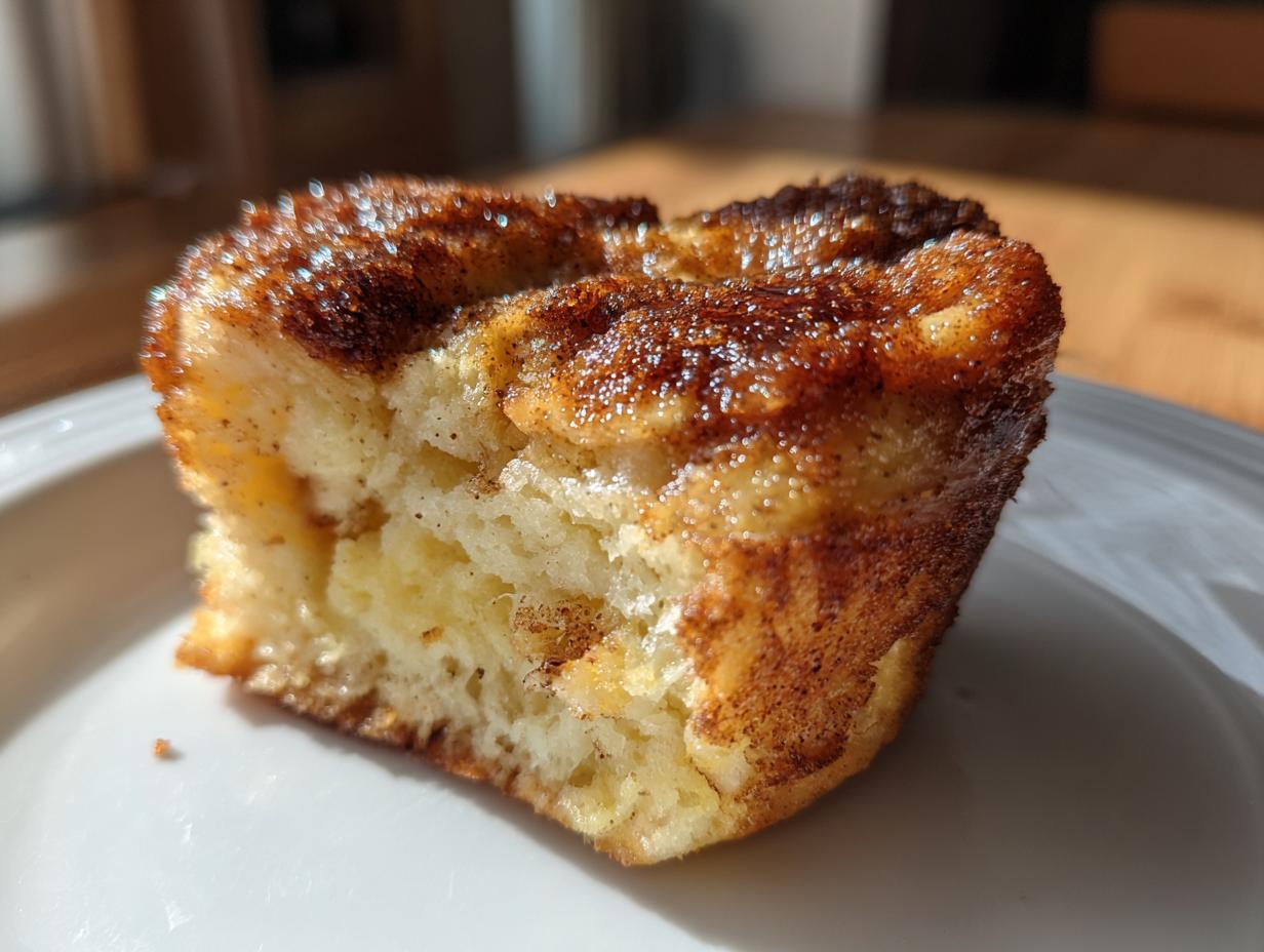 A close-up, sunlit view of a single french toast muffins with a caramelized, cinnamon-sugar crust.