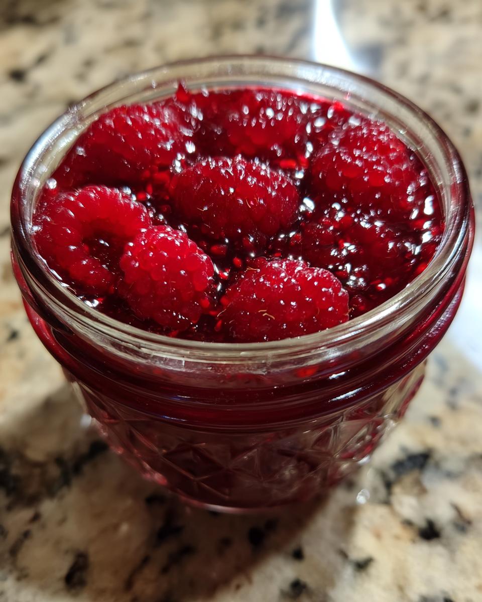 Close-up of whole, bright red raspberries suspended in thick liquid inside a small glass jar of homemade raspberry jam.