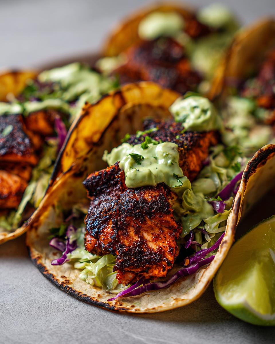 Close-up of delicious salmon tacos filled with blackened salmon, cabbage slaw, and topped with green avocado crema.