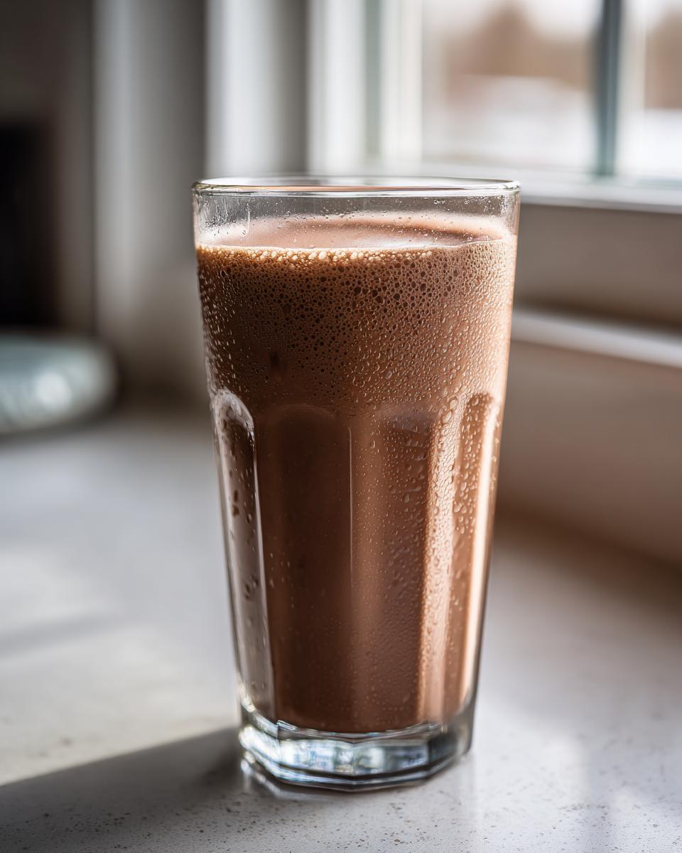 A tall, cold glass of frothy chocolate milk sitting on a light countertop near a window.