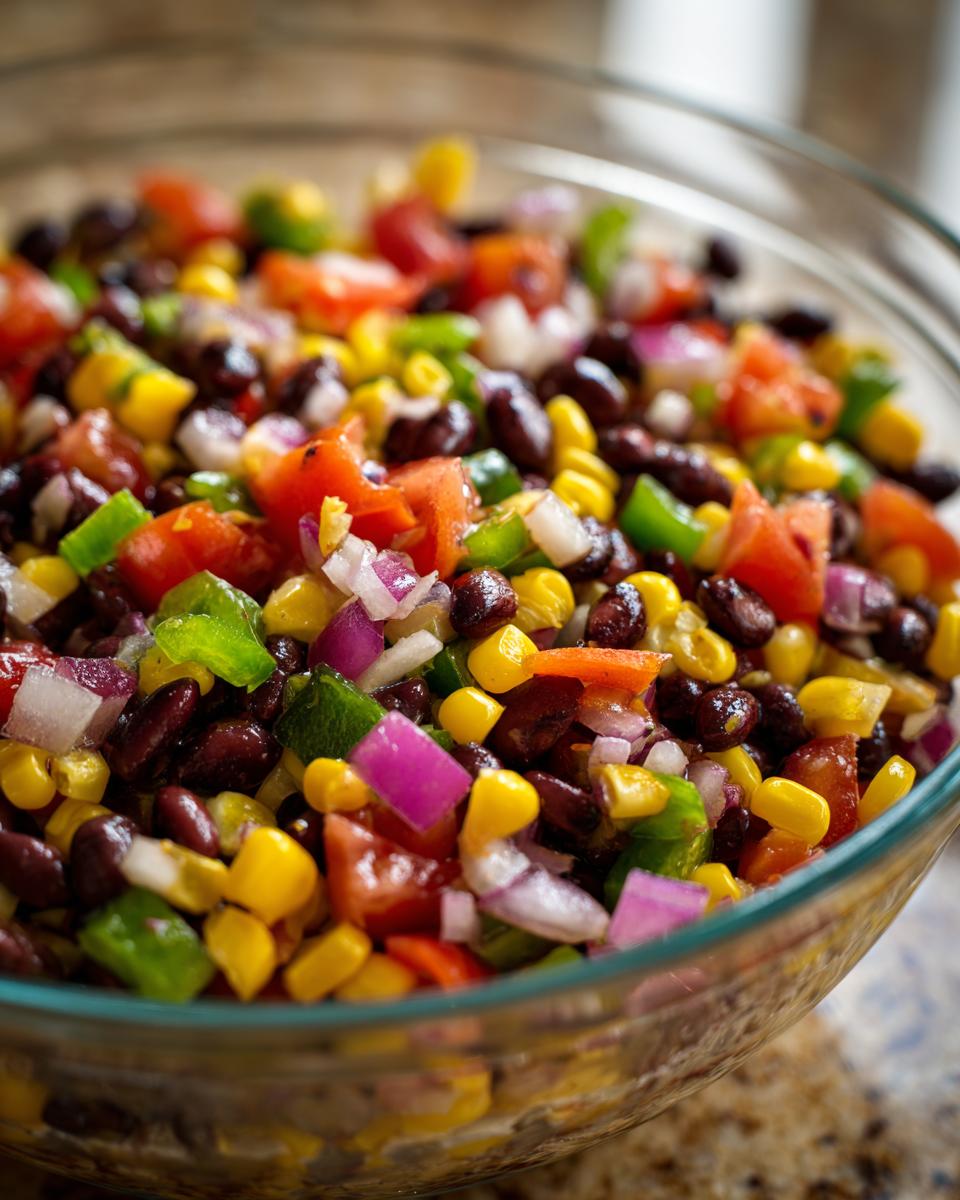 Close-up of vibrant cowboy caviar dip featuring black beans, corn, tomatoes, green peppers, and red onion in a clear bowl.