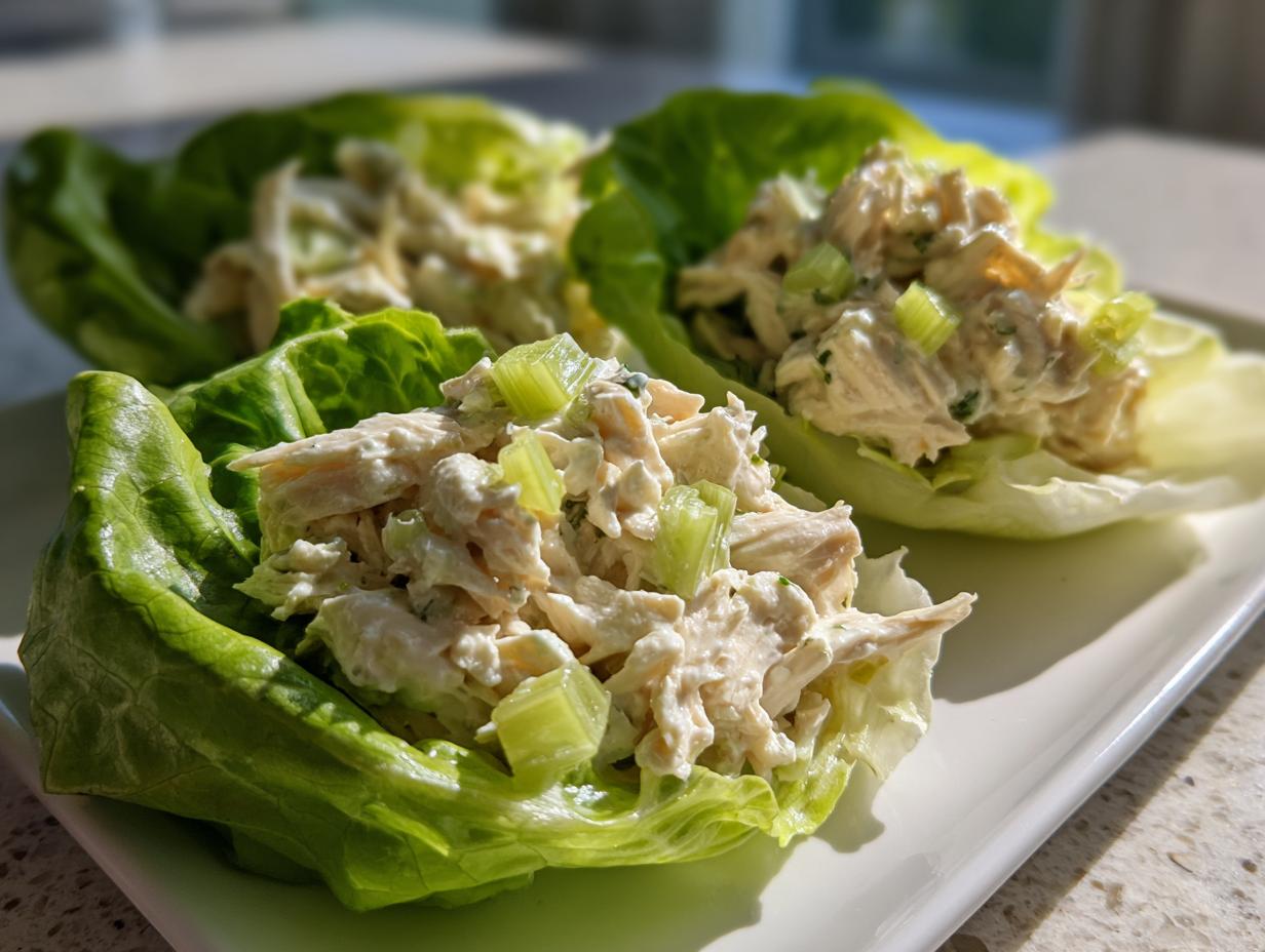 Two servings of creamy cottage cheese chicken salad nestled in crisp butter lettuce cups, garnished with celery.