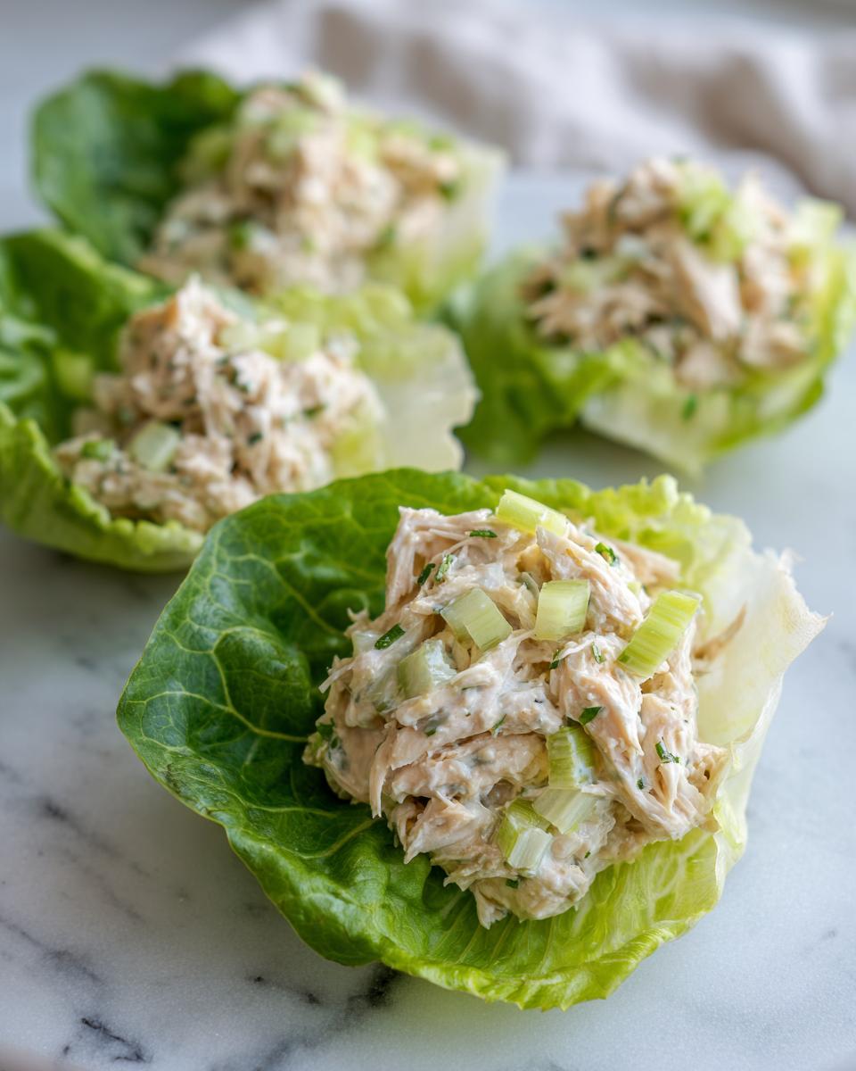 Close-up of cottage cheese chicken salad served in crisp lettuce cups on a marble surface.