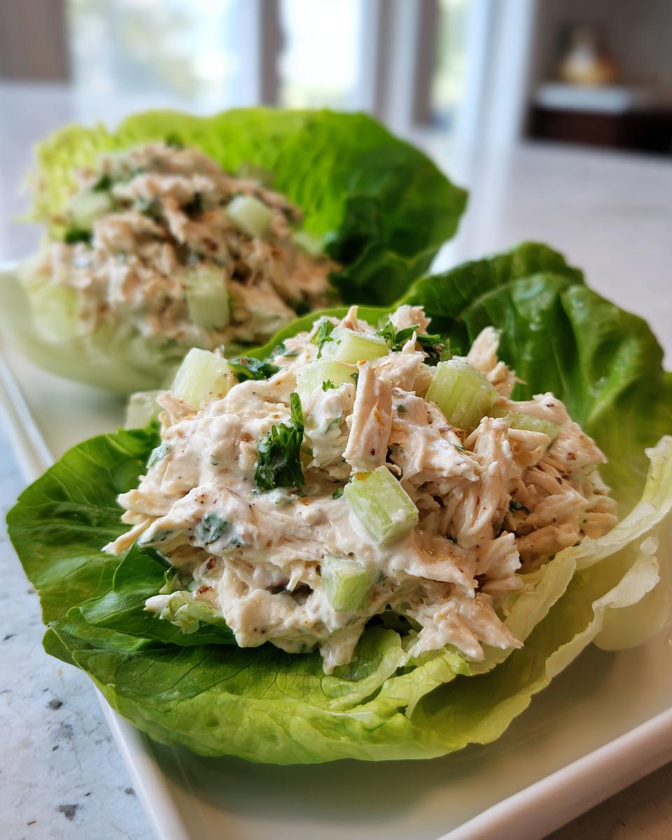Close-up of creamy cottage cheese chicken salad served in crisp lettuce cups, garnished with celery.