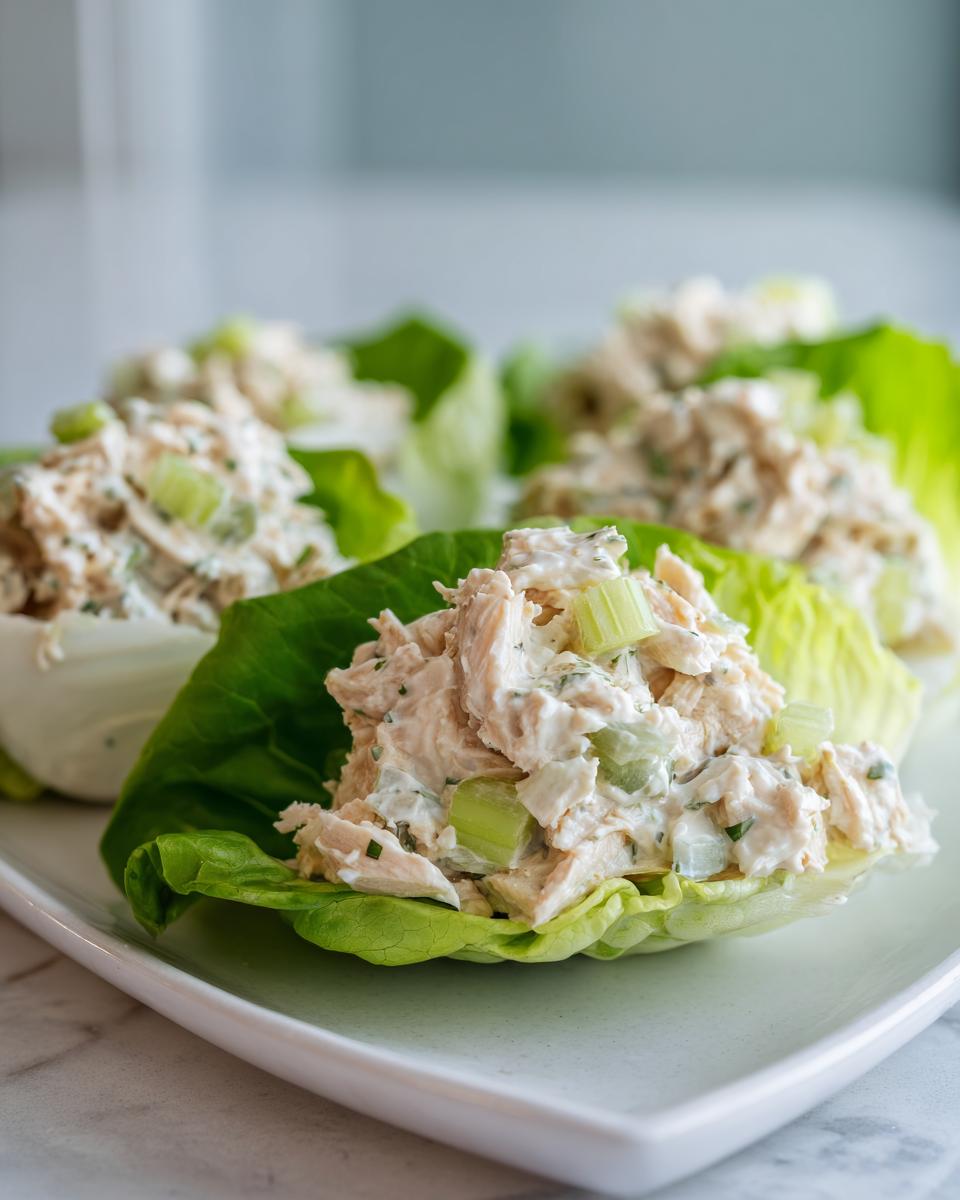 Close-up of creamy cottage cheese chicken salad served in crisp lettuce cups on a white plate.