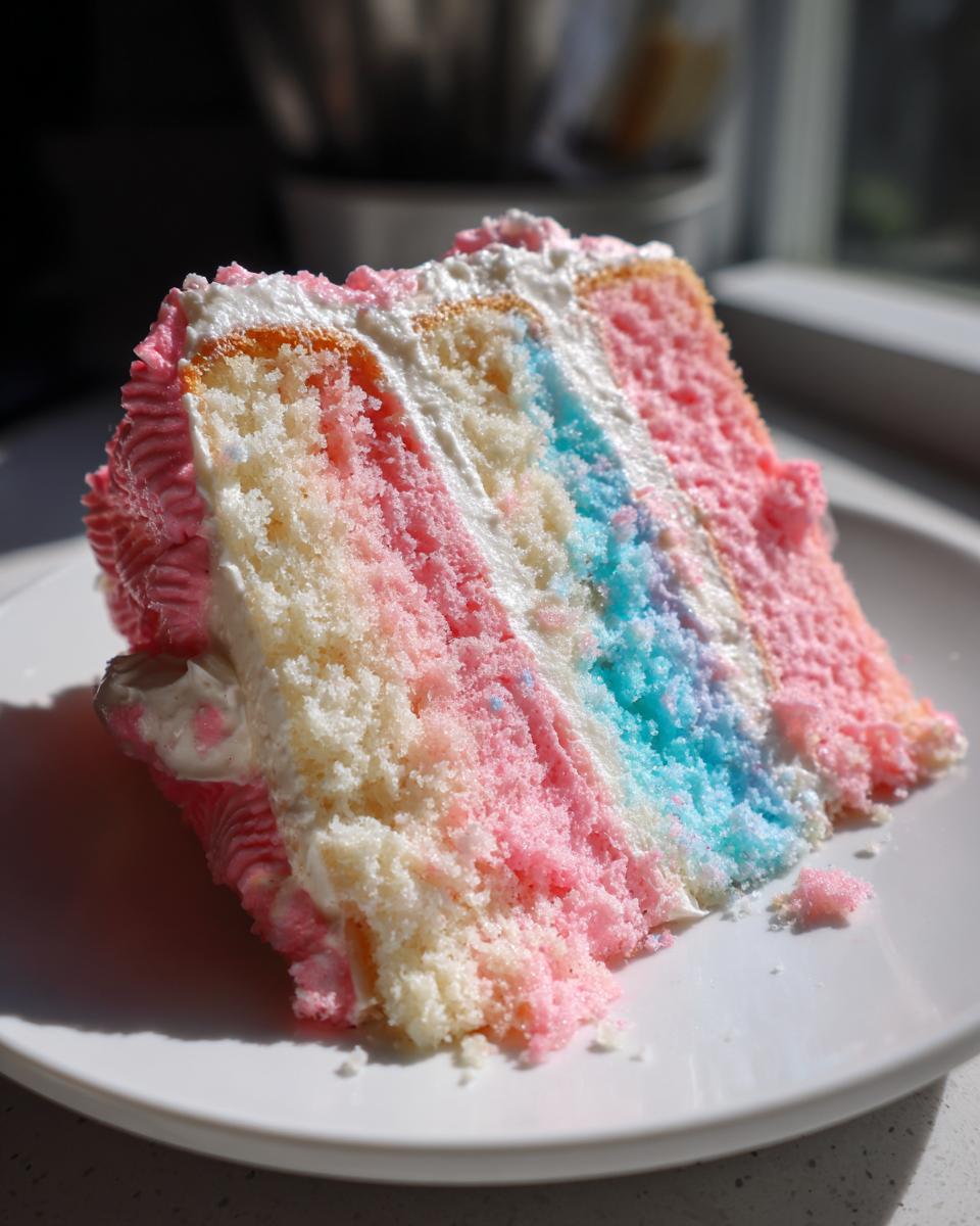 Close-up of a moist slice of cotton candy cake showing pink, white, and blue layers with white frosting.