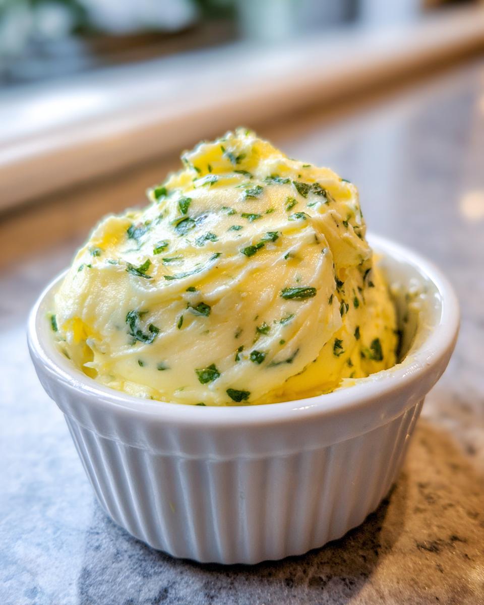 A scoop of rich, yellow cowboy butter dipping sauce mixed with green herbs served in a small white ramekin.