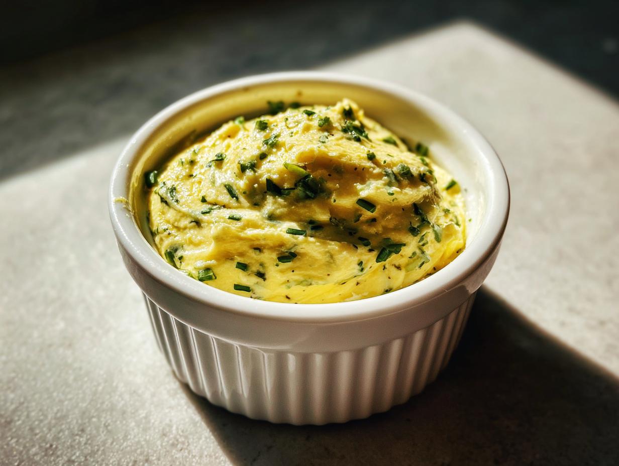 Close-up of rich, yellow cowboy butter dipping sauce topped with fresh green chives in a white ramekin.